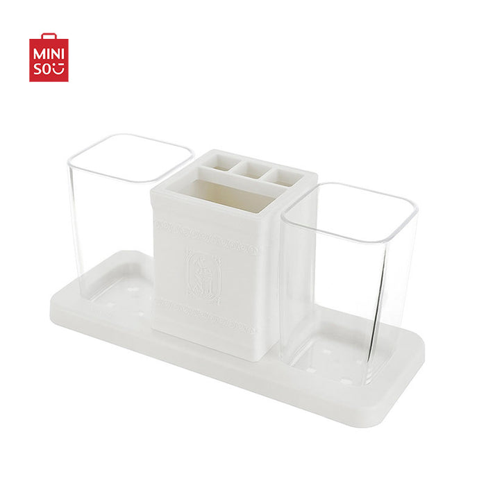 MINISO AU Relief Patterns Tooth Mug with Toothbrush Holder Set ( White)
