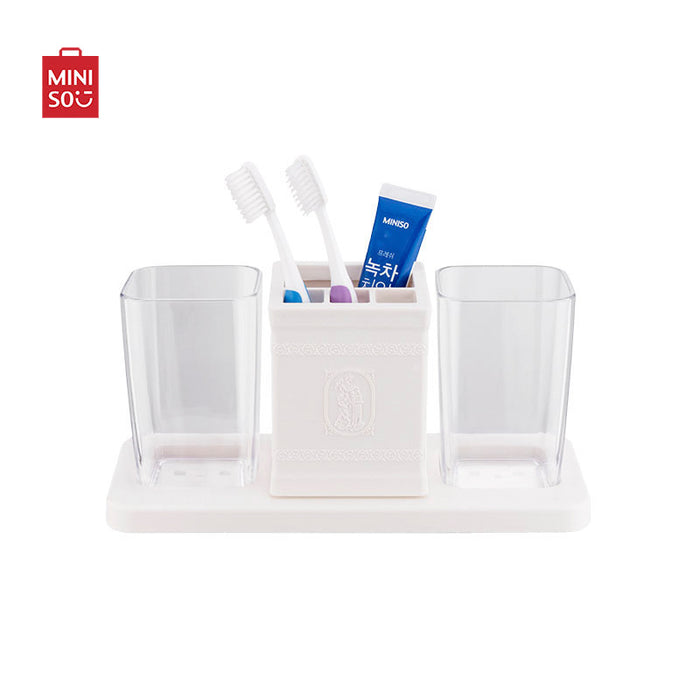 MINISO AU Relief Patterns Tooth Mug with Toothbrush Holder Set ( White)