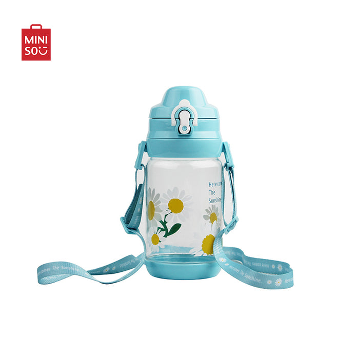 MINISO AU Sunrise Sunflowers Plastic Water Bottle with Shoulder Strap 520ml Blue
