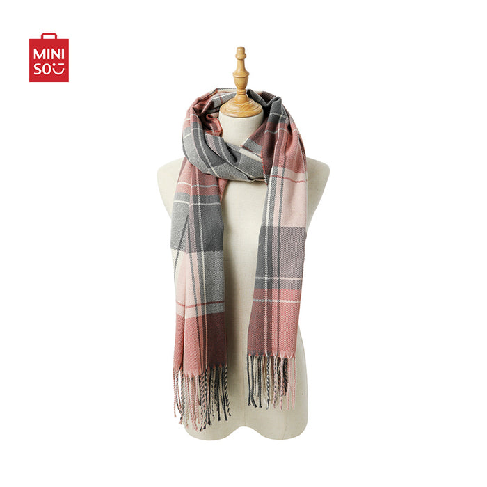 MINISO AU Pink and Gray Check Scarf with Tassels