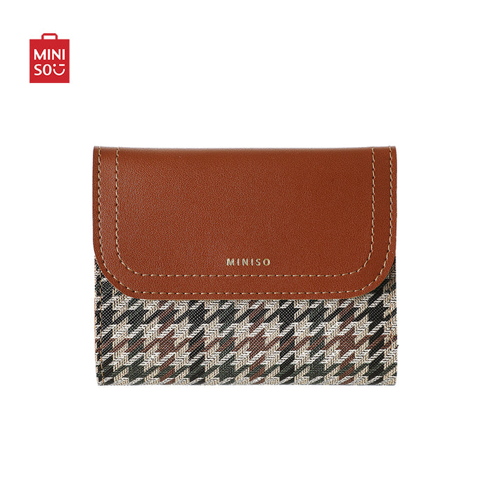 MINISO AU Brown Women's Short Trifold Houndstooth Wallet with Flap