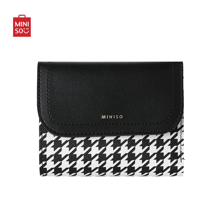 MINISO AU Black Women's Short Trifold Houndstooth Wallet with Flap