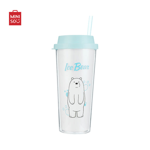 MINISO We Bare Bears- Water Bottle with Straw (Type B) Grizzly Bear